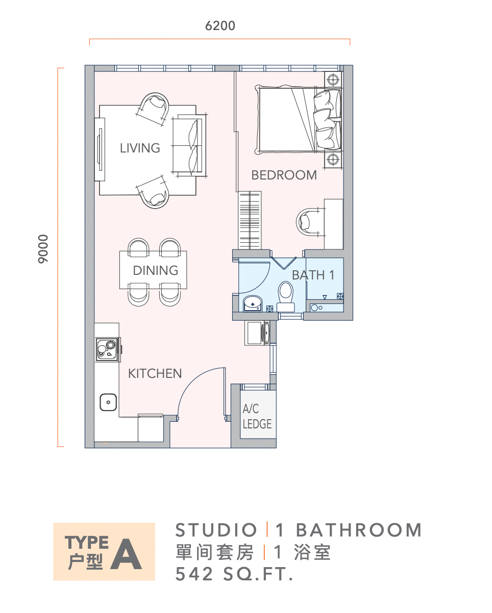 Pelan lantai Jenis A Mandolin Residences, studio 542 kaki persegi dengan 1 bilik air