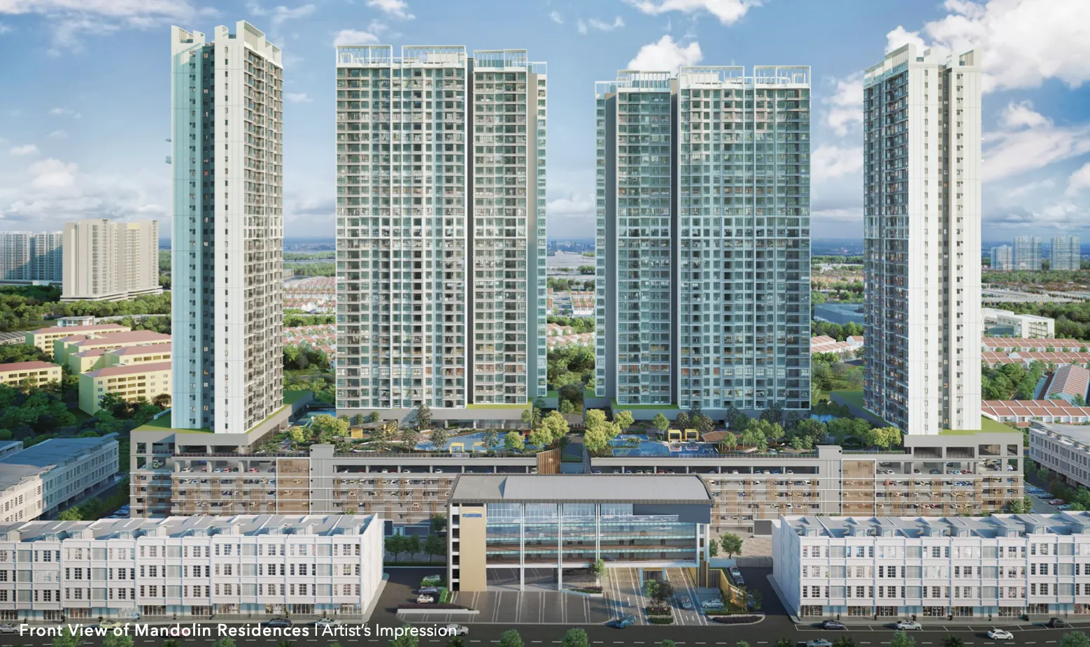 Pandangan hadapan menara berkembar hakmilik kekal Mandolin Residences di atas podium kemudahan berlandskap, gambaran artis