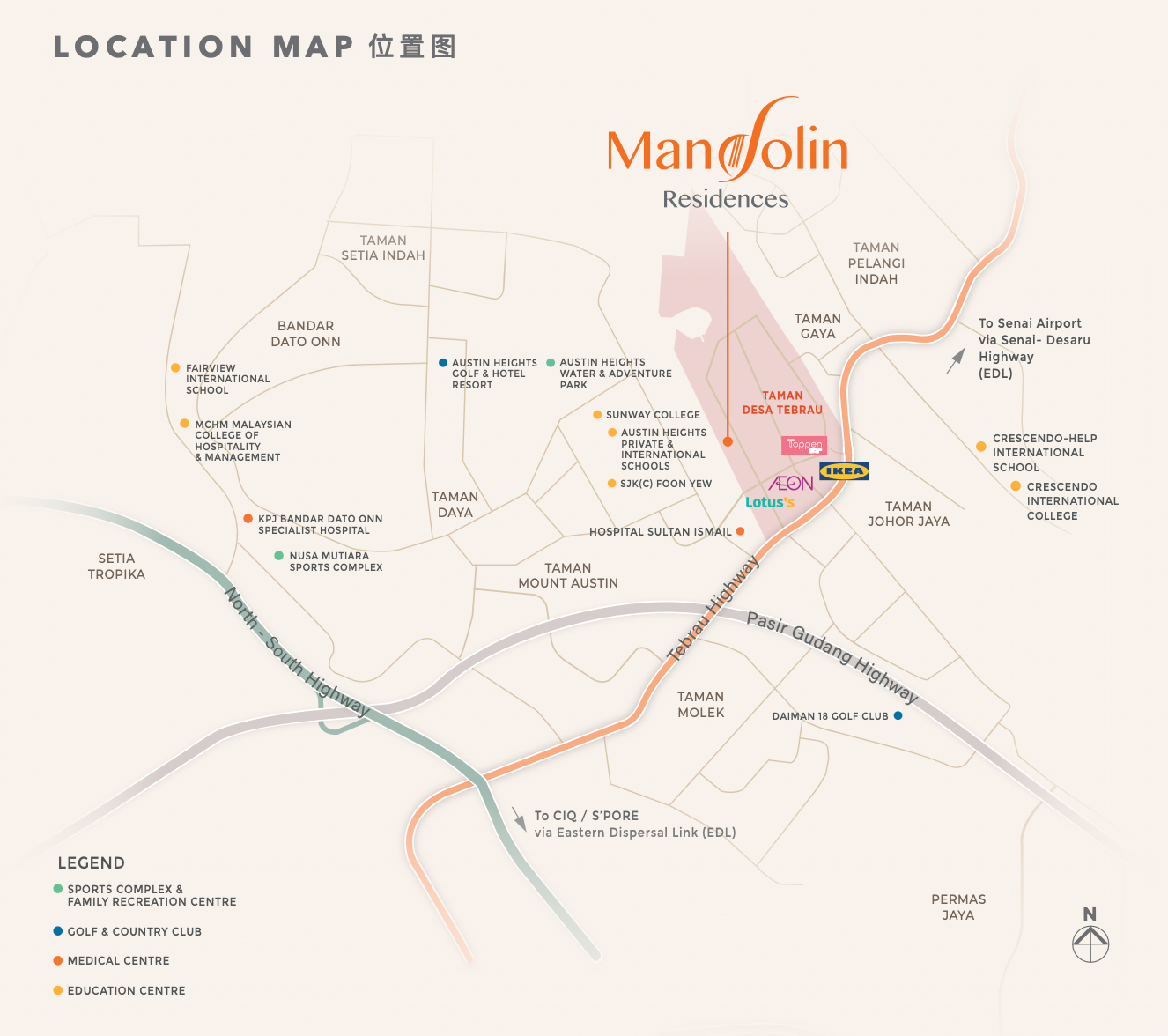 Peta lokasi Mandolin Residences menunjukkan Mount Austin, IKEA Tebrau, AEON Tebrau City, EDL dan Lebuhraya Tebrau