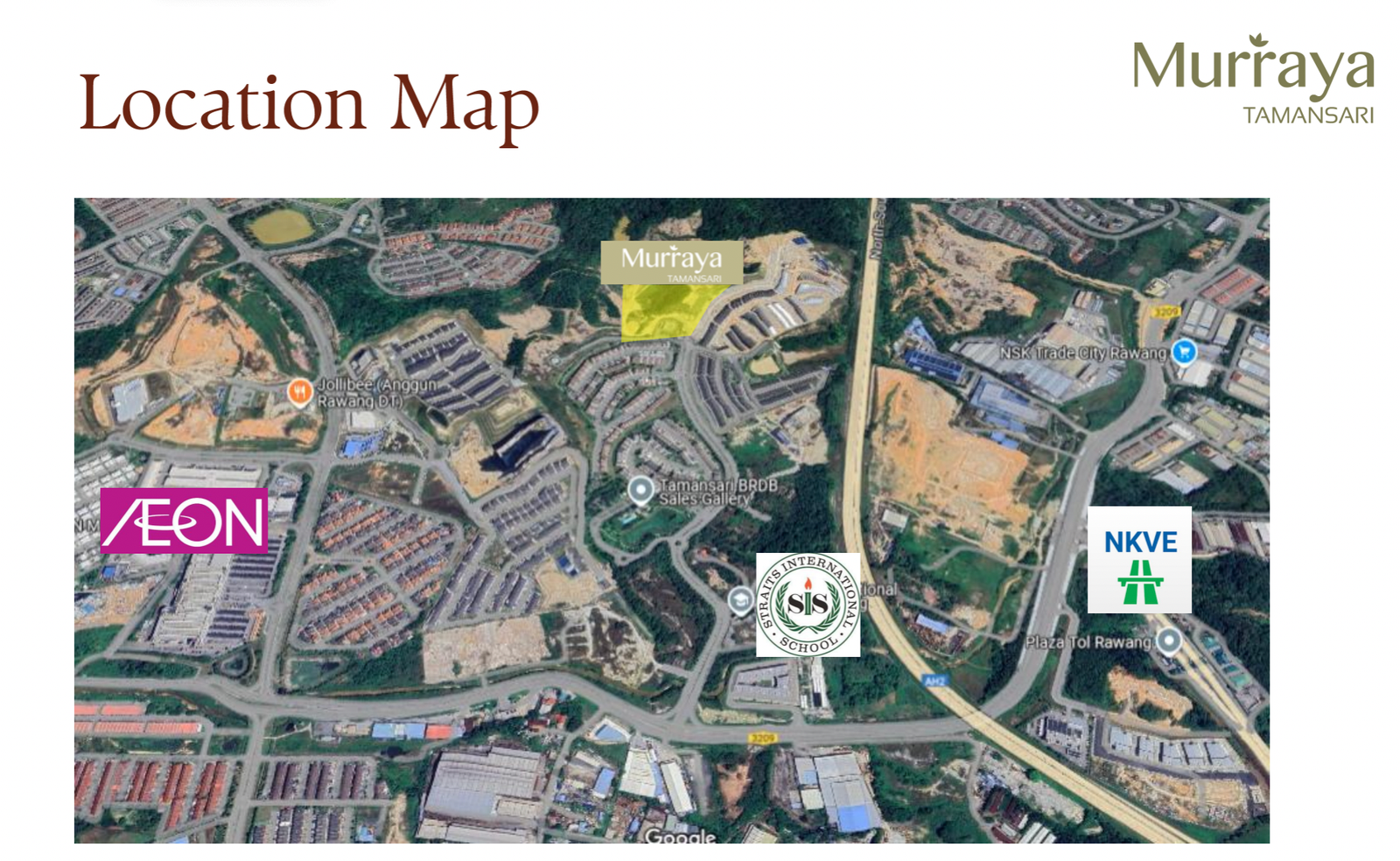 Murraya Tamansari @ Rawang location map showing AEON Rawang, Straits International School, NKVE and Tamansari BRDB Sales Gallery