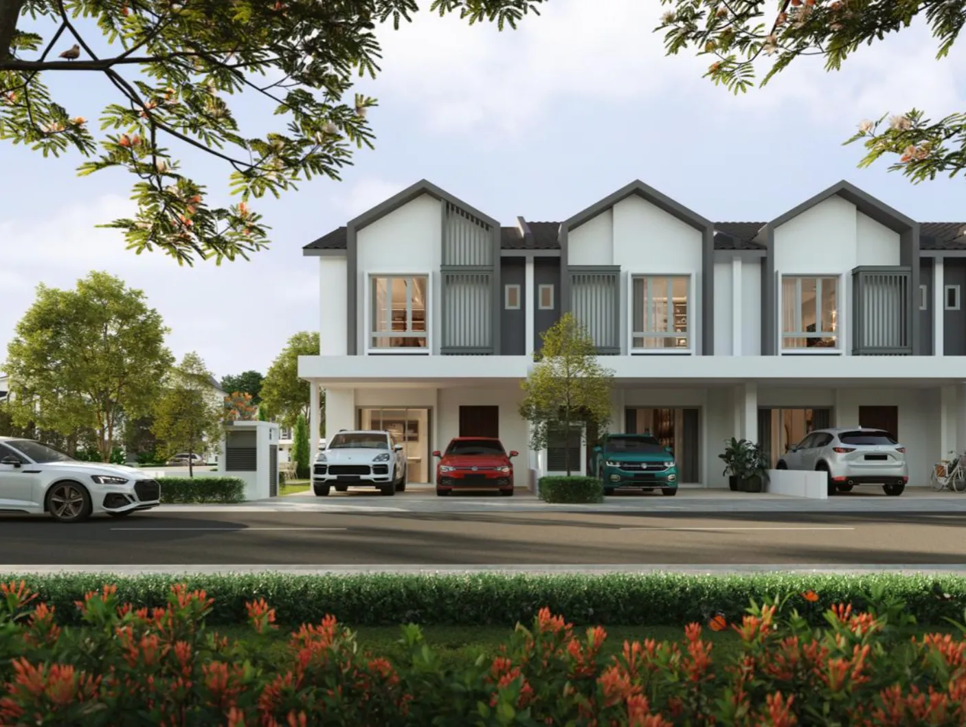 Murraya Tamansari @ Rawang terrace house facade close-up with double-volume windows and covered porch parking