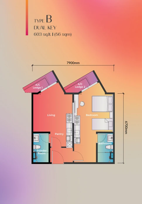 Pelan lantai Jenis B (Dual Key) Noordinz Suites, 603 kaki persegi, 2 bilik air