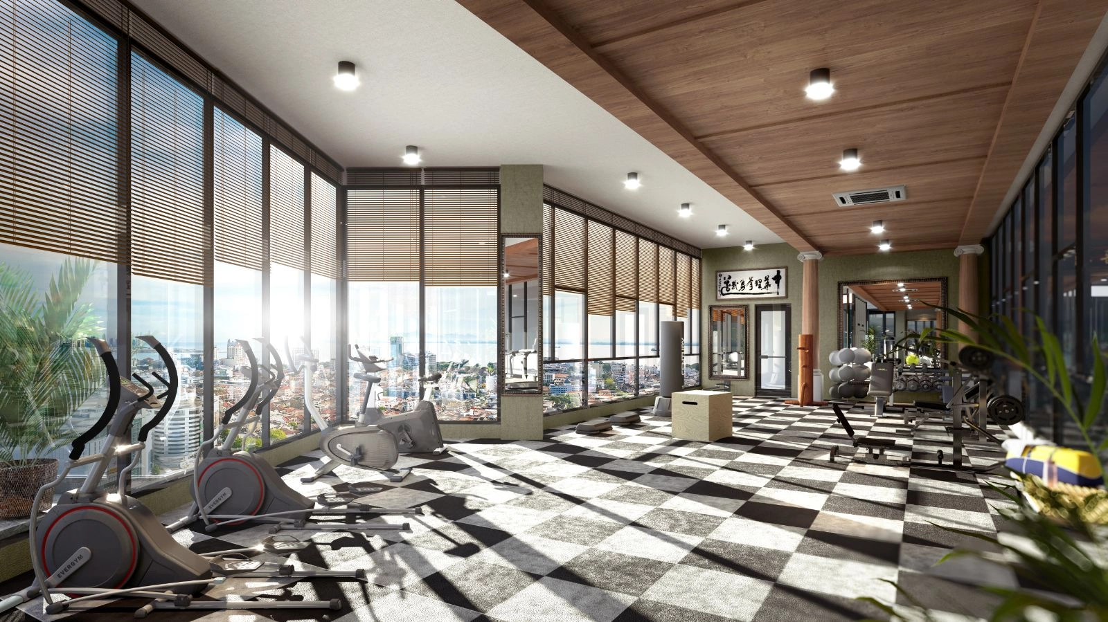 Pusat kecergasan langit Noordinz Suites dengan tingkap dari lantai ke siling menghadap George Town