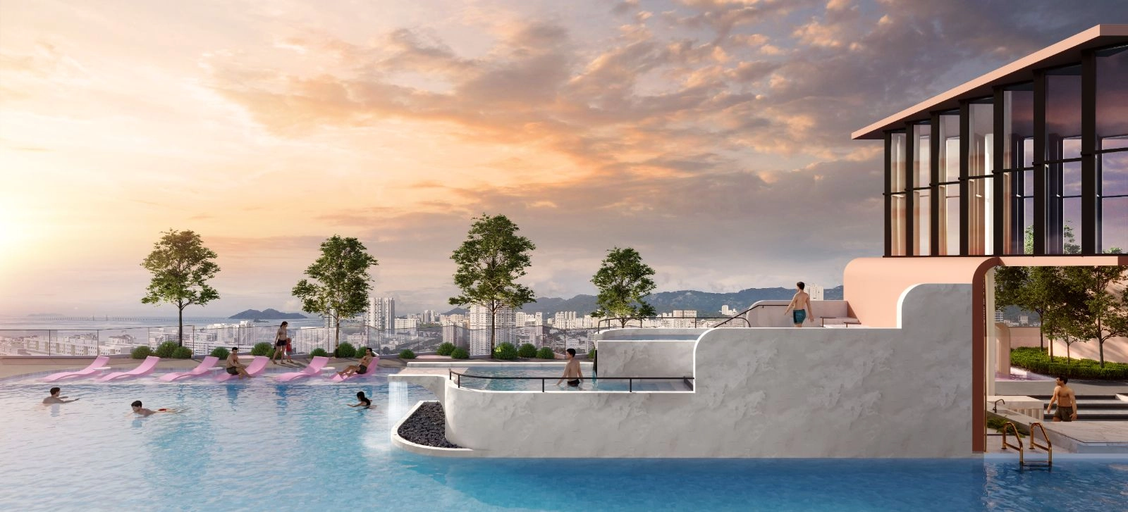 Kolam infiniti bumbung Noordinz Suites menghadap George Town dan Selat Pulau Pinang ketika senja