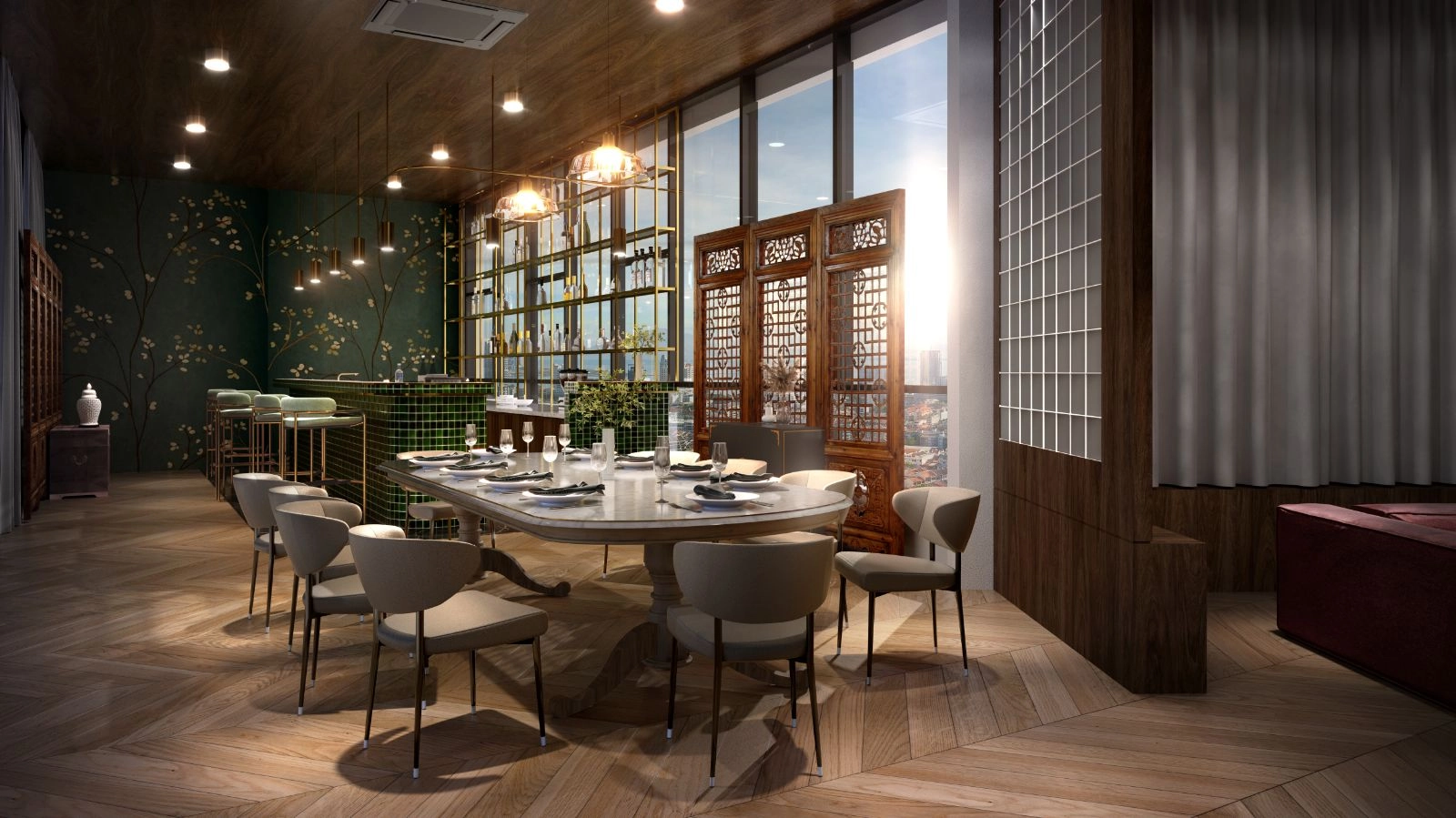 Ruang makan persendirian Noordinz Suites dengan sekatan skrin warisan dan pandangan skyline George Town