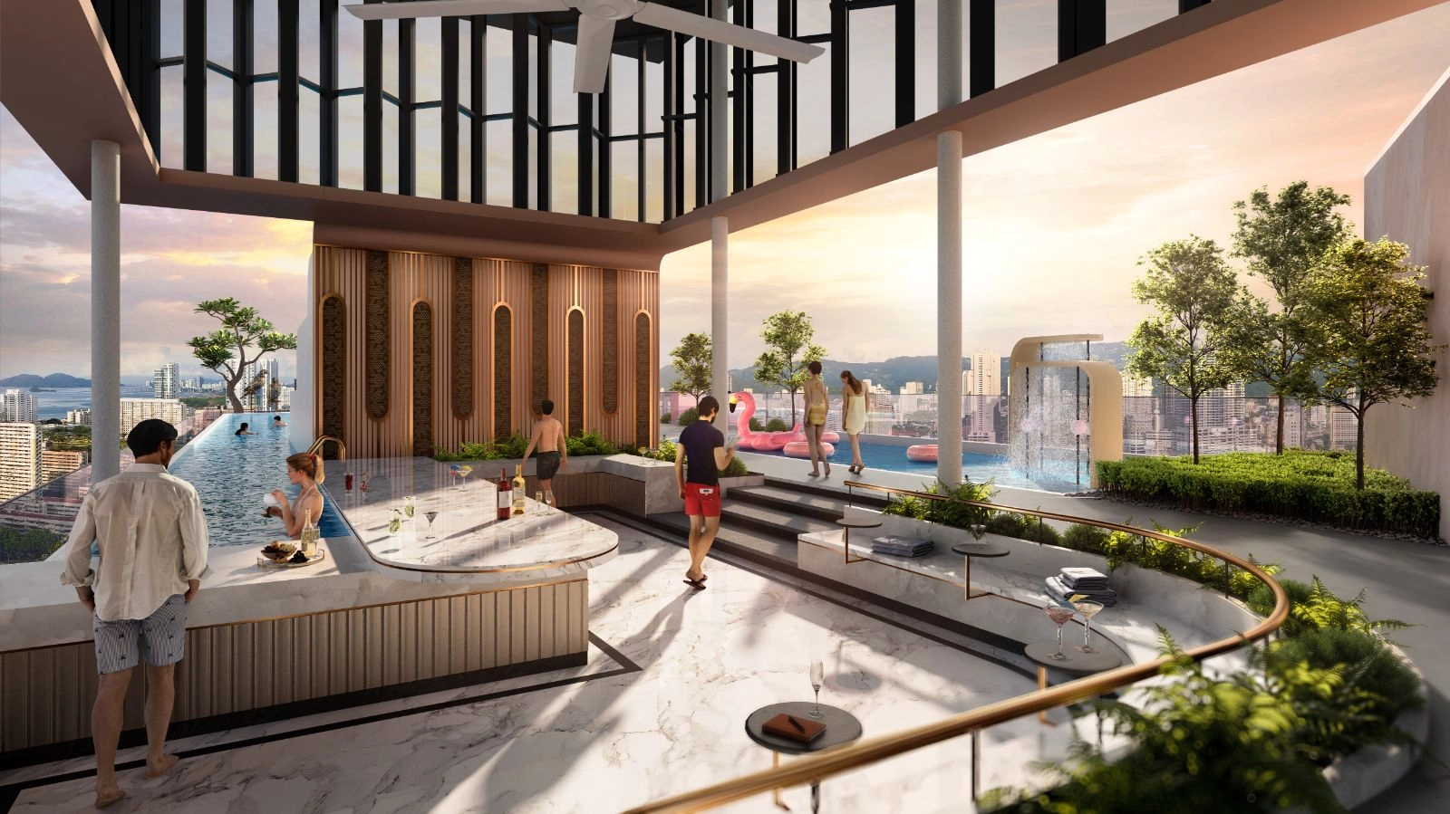 Dek bar dan lounge kolam langit Noordinz Suites dengan pandangan panorama skyline George Town