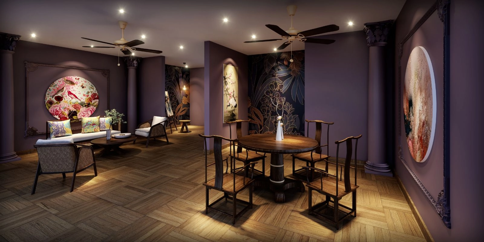 Tea Lounge Noordinz Suites dengan hiasan bertema warisan Peranakan dan kawasan tempat duduk