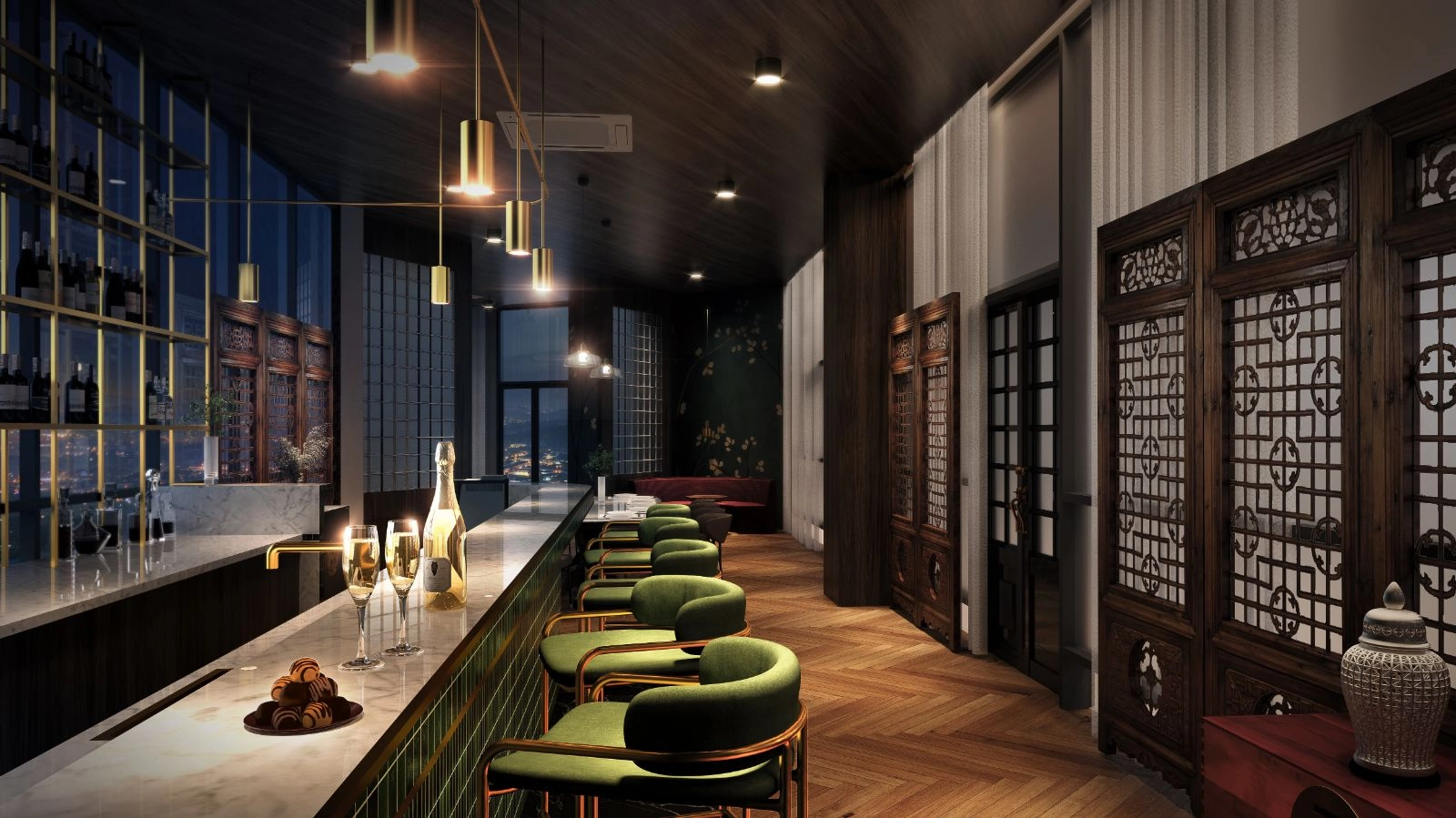 Lounge bar wain Noordinz Suites dengan skrin kayu warisan dan pandangan skyline waktu malam