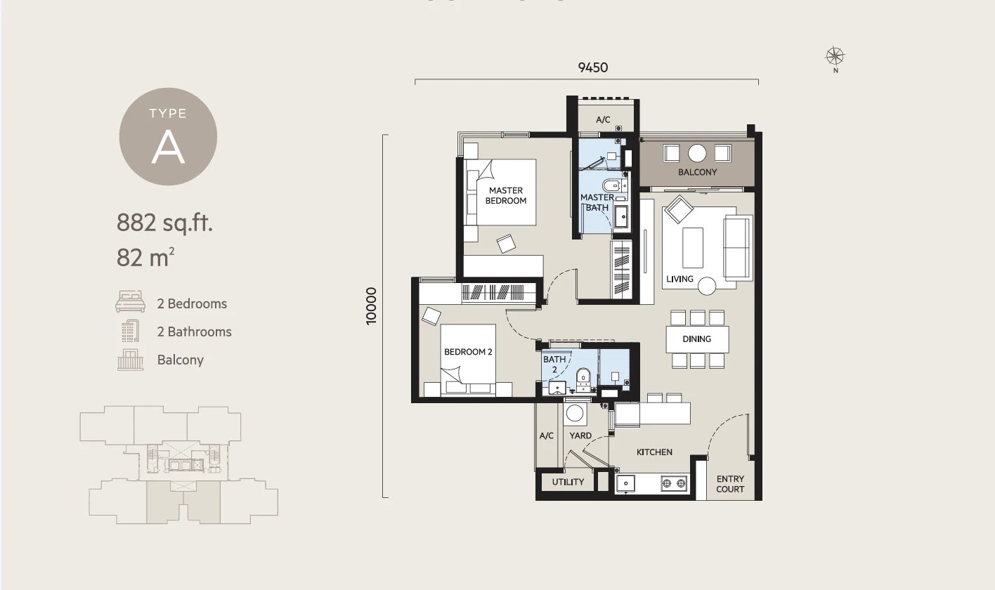 Oaka Residences Type A floor plan, 882 sq ft (2 Bedrooms, 2 Bathrooms), Balcony in Bukit Jalil, Kuala Lumpur