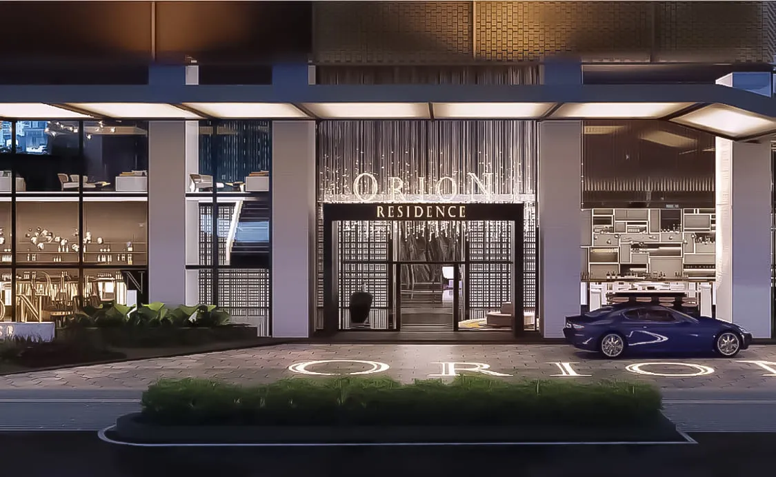 Orion Residence night view of ground-floor entrance drop-off and porte-cochère with illuminated signage, from the official developer website in Bukit Bintang, Kuala Lumpur