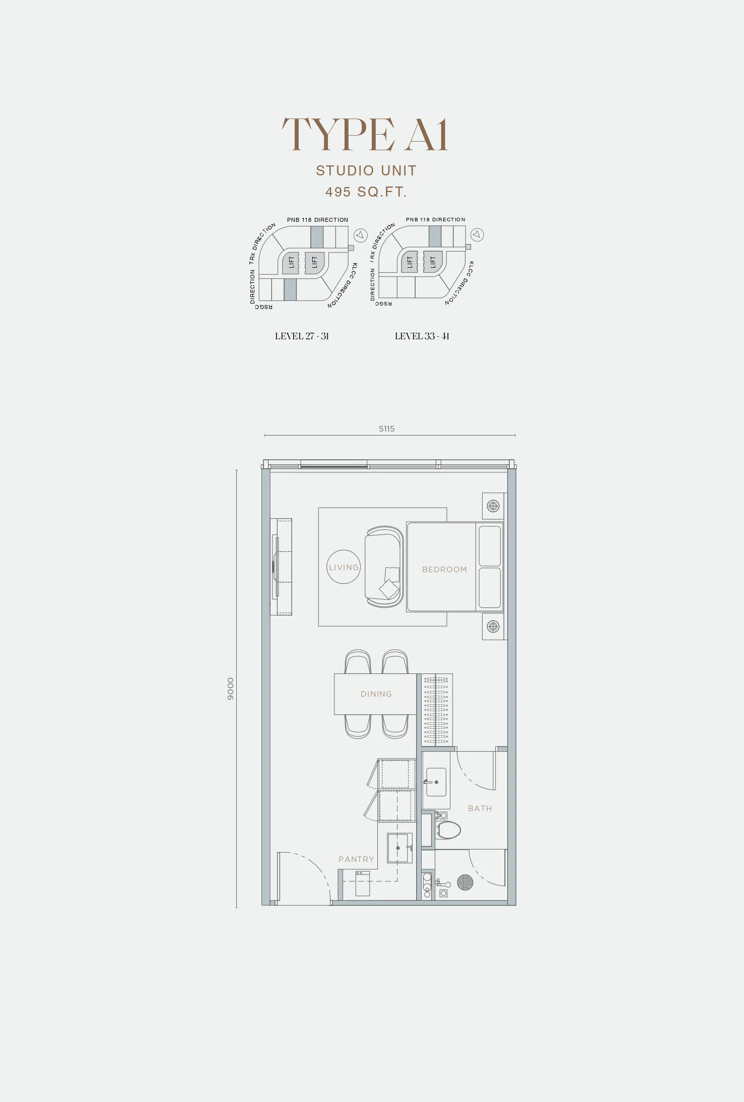 Orion Residence Type A layout plan (491–588 sqft / 45–55 m²), Option 1, from the official developer website in Bukit Bintang, Kuala Lumpur