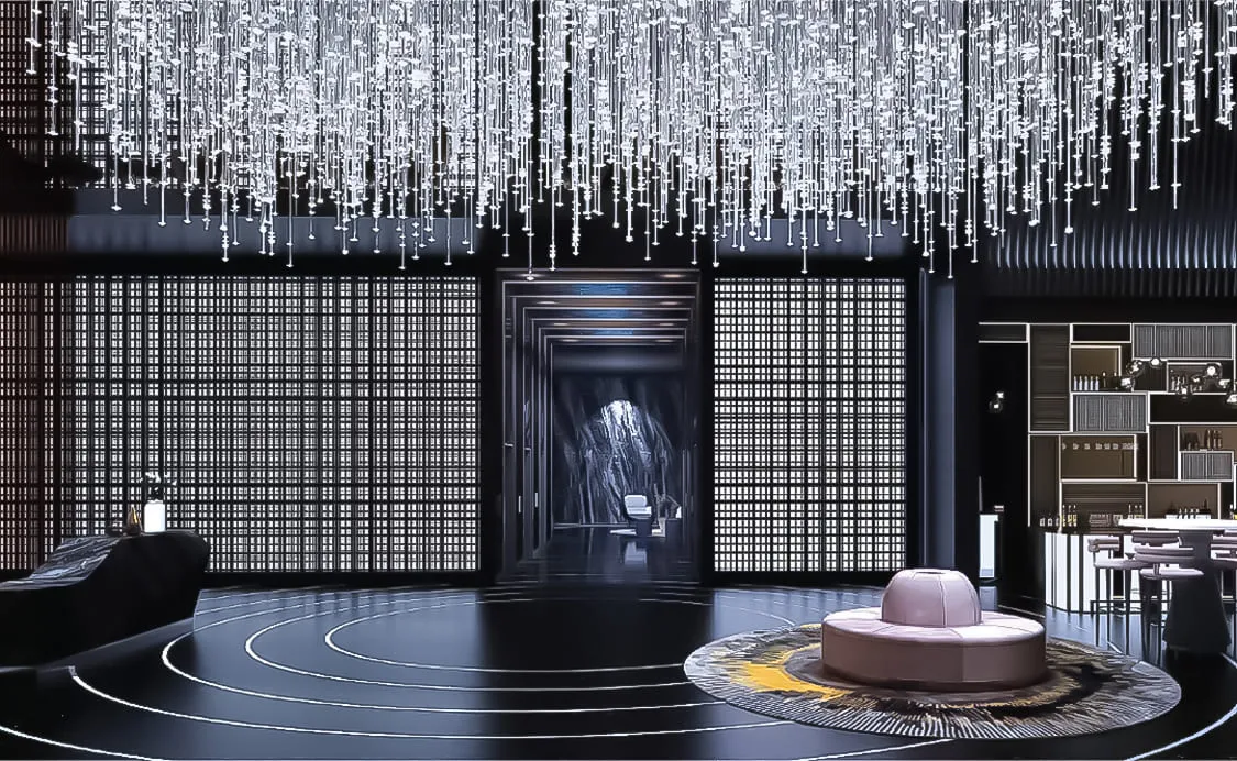 Orion Residence grand double-height lobby lounge featuring crystal-rain chandelier installation and marble flooring, from the official developer website in Bukit Bintang, Kuala Lumpur