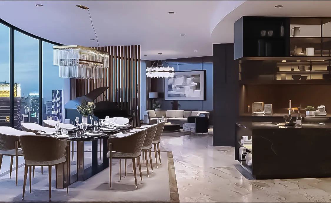 Orion Residence show-unit dining area with night city skyline view, grand piano, and open dry-kitchen bar, from the official developer website in Bukit Bintang, Kuala Lumpur