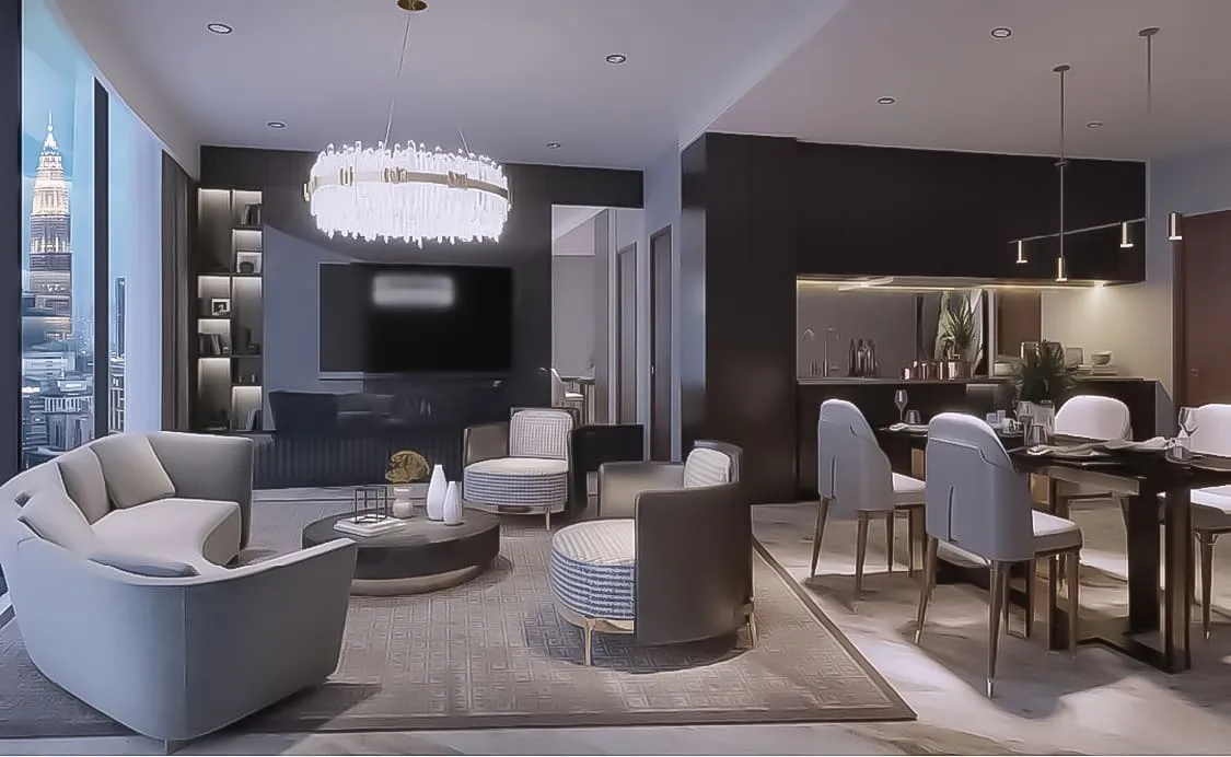 Orion Residence show-unit living and dining interior with KL Tower view through floor-to-ceiling windows, from the official developer website in Bukit Bintang, Kuala Lumpur