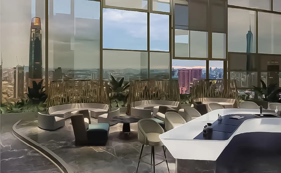 Orion Residence daytime sky lounge terrace with curved lounge seating, timber screens, and panoramic KL skyline view, from the official developer website in Bukit Bintang, Kuala Lumpur