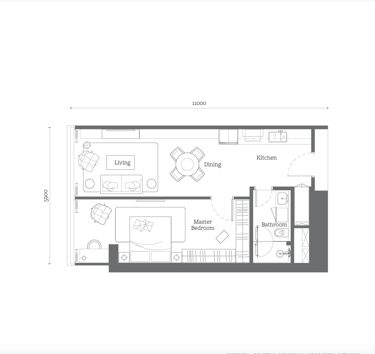 Oxley Towers Type A floor plan, 678 sq ft (Studio) in KLCC, Kuala Lumpur