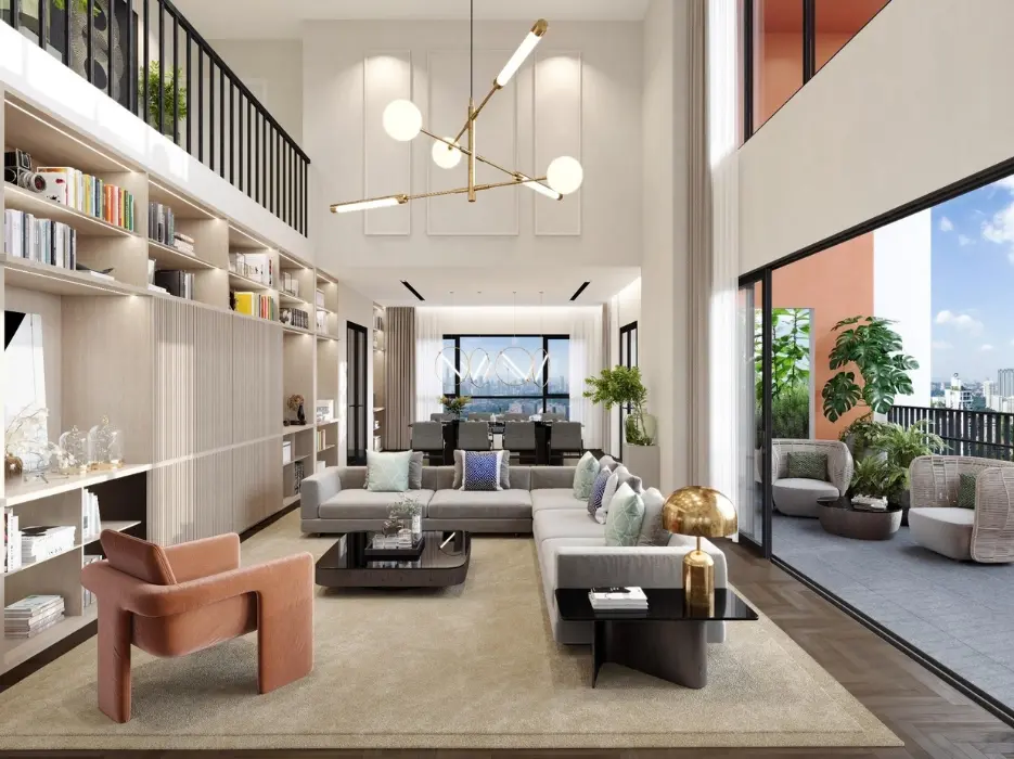 Ruang tamu dan makan dua tingkat di duplex penthouse Jenis F, Papyrus North Kiara