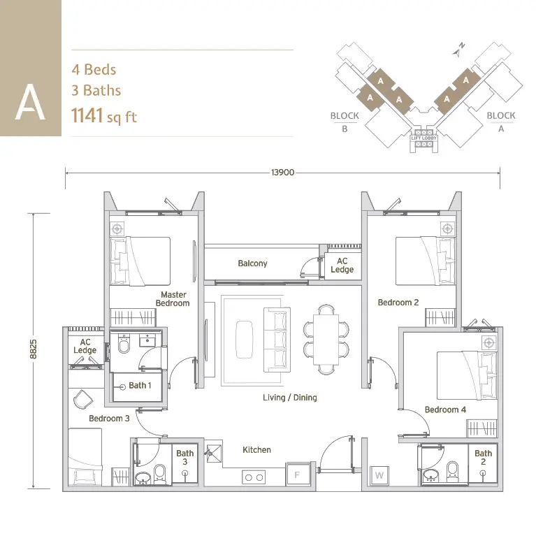 Papyrus North Kiara Type A floor plan — 4 bedrooms, 3 bathrooms, 1,141 sqft