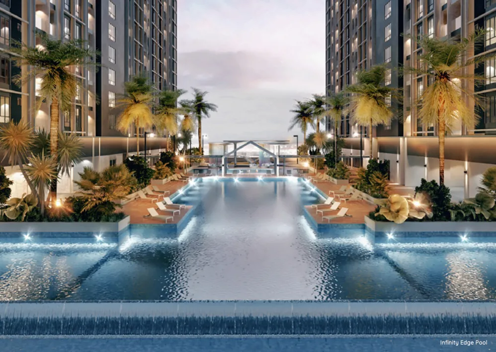 Paragon Gateway infinity edge swimming pool deck at the Level 10 podium in Taman Suria, Johor Bahru, Johor
