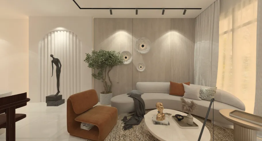 Paragon Gateway living room with sculpture display and olive tree accent in Taman Suria, Johor Bahru, Johor