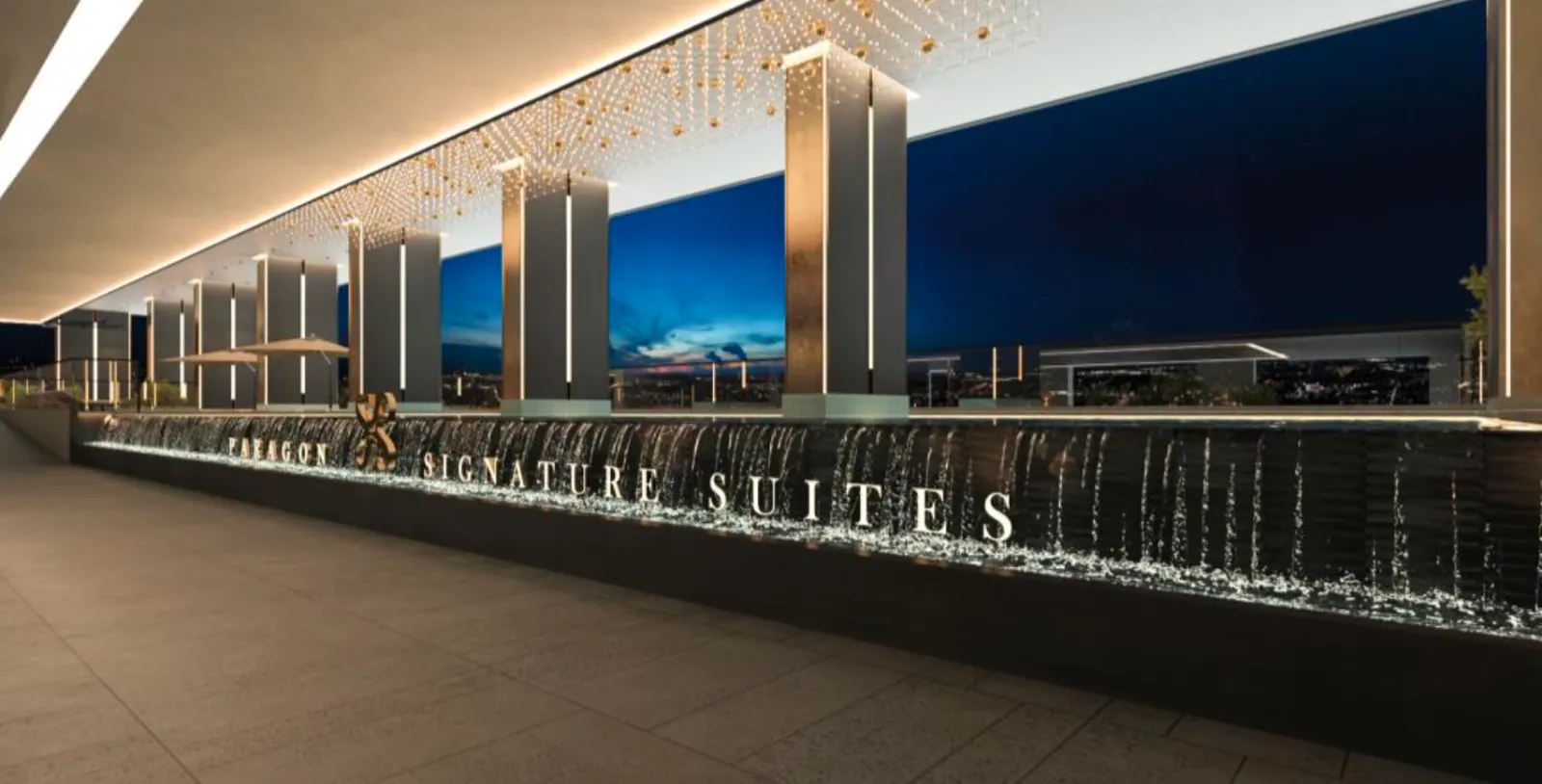 Paragon Signature Suites illuminated entrance signage with cascading water feature wall in Jalan Abdul Samad, Johor Bahru City Centre, Johor