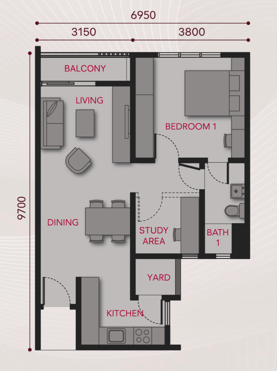 Paragon Signature Suites Type A floor plan, 645 sqft with 1+1 bedroom, study area, living, dining, kitchen, yard and balcony in Jalan Abdul Samad, Johor Bahru City Centre, Johor
