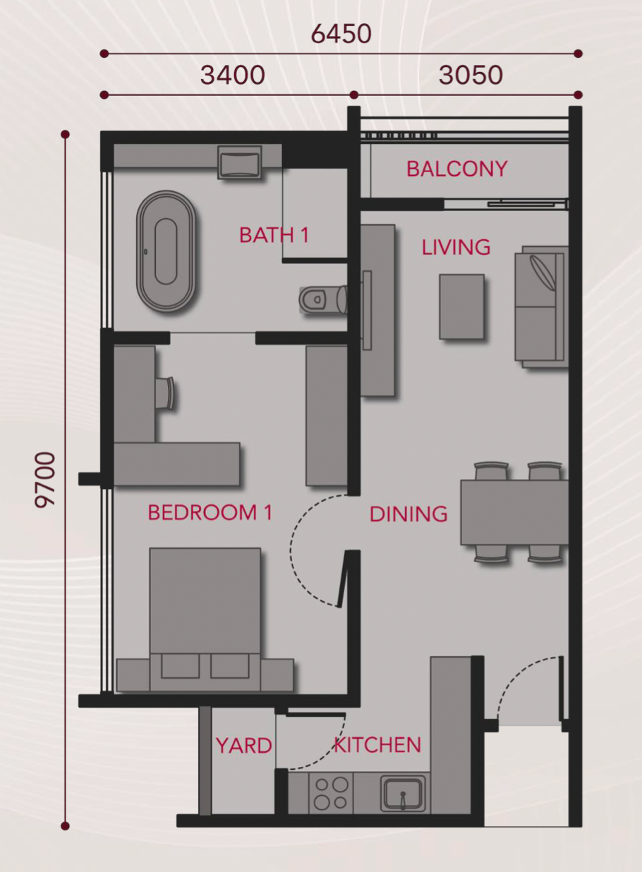 Pelan lantai Paragon Signature Suites Jenis B, 649 kaki persegi dengan 1 bilik tidur, tab mandi, ruang tamu, ruang makan, dapur, laman dan balkoni