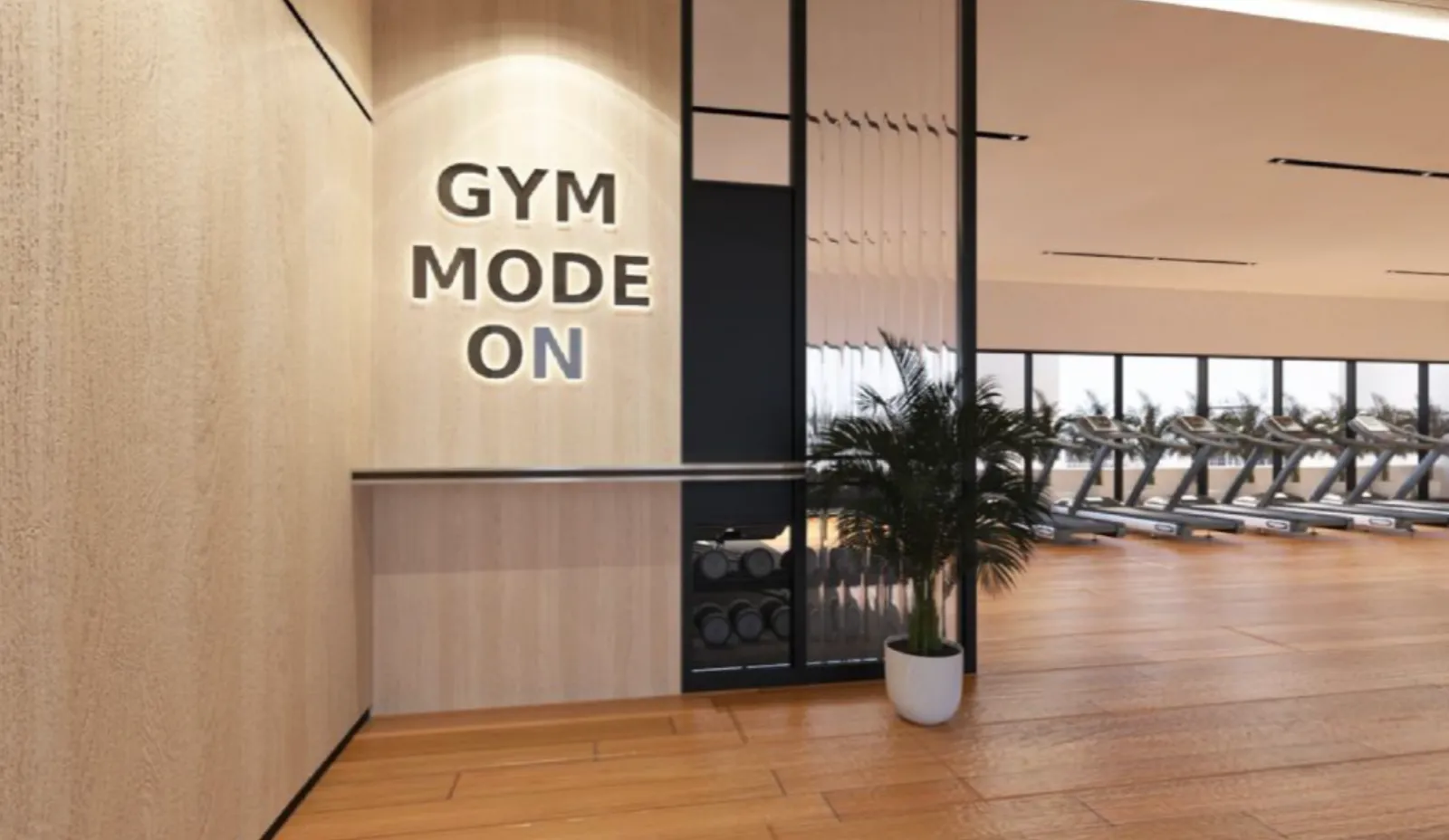Paragon Signature Suites gym entrance with treadmill row and floor-to-ceiling windows in Jalan Abdul Samad, Johor Bahru City Centre, Johor