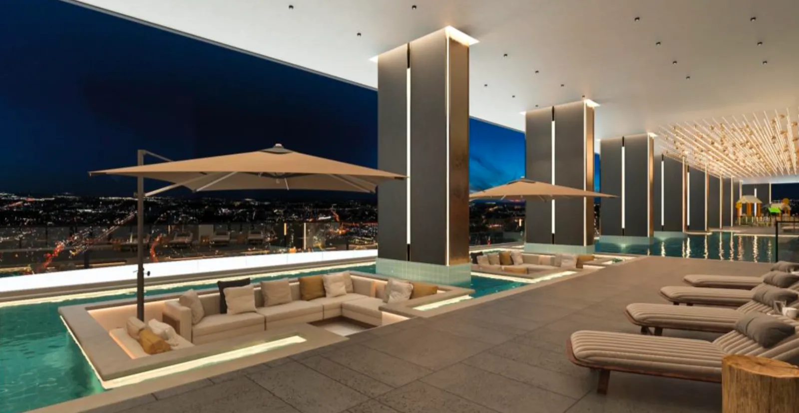 Paragon Signature Suites Level 9-10 infinity pool sky deck with sunken lounge overlooking the Johor Bahru skyline at night in Jalan Abdul Samad, Johor Bahru City Centre, Johor