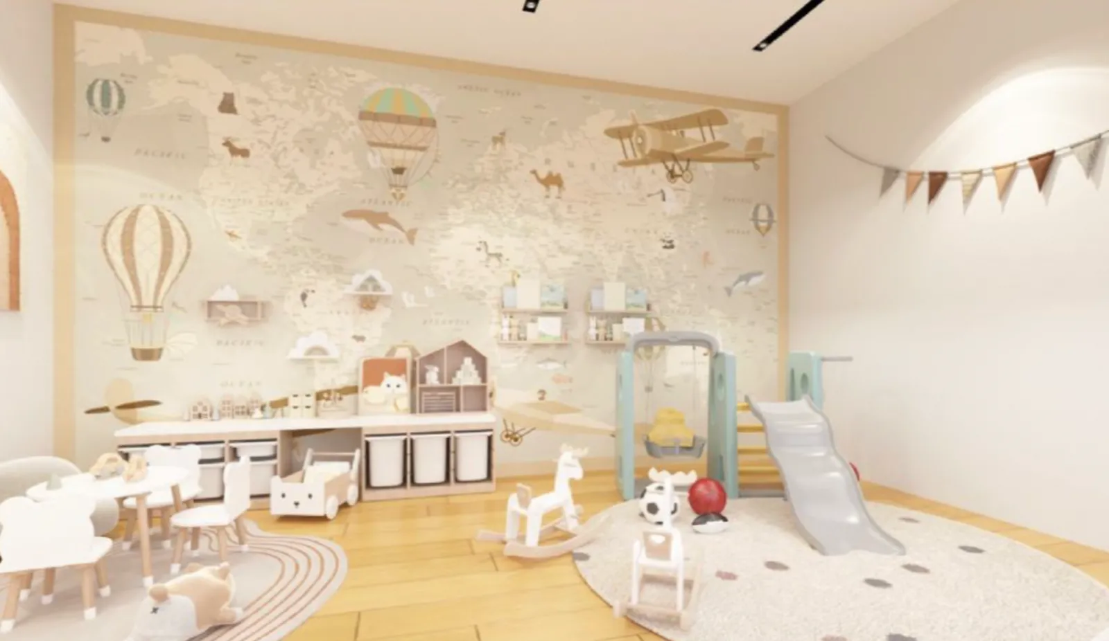 Paragon Signature Suites kids' room with travel-themed mural, slide and play equipment in Jalan Abdul Samad, Johor Bahru City Centre, Johor