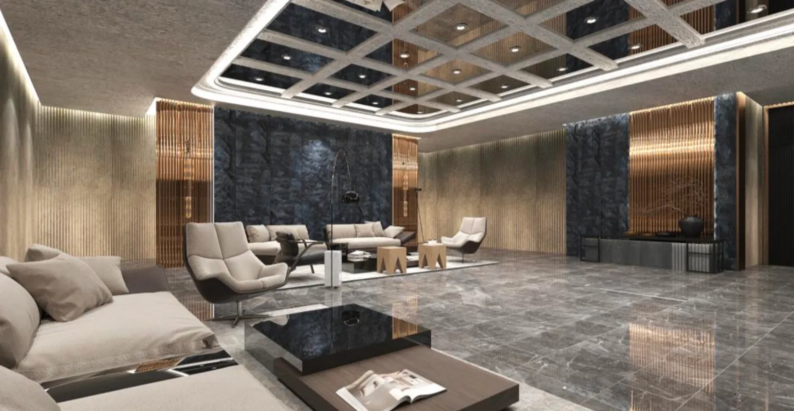 Paragon Signature Suites grand lobby lounge with marble flooring and designer furnishing in Jalan Abdul Samad, Johor Bahru City Centre, Johor