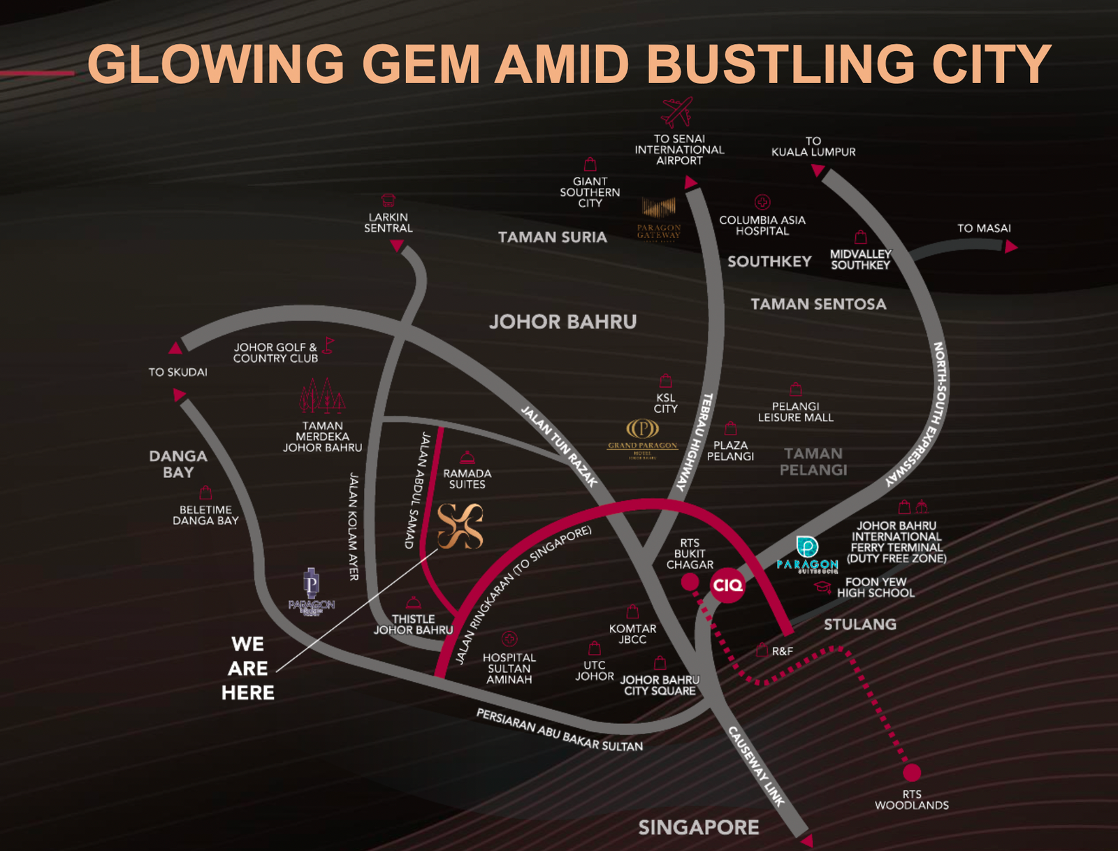 Paragon Signature Suites location map showing RTS Bukit Chagar, CIQ, Danga Bay and Johor Bahru city centre landmarks in Jalan Abdul Samad, Johor Bahru City Centre, Johor