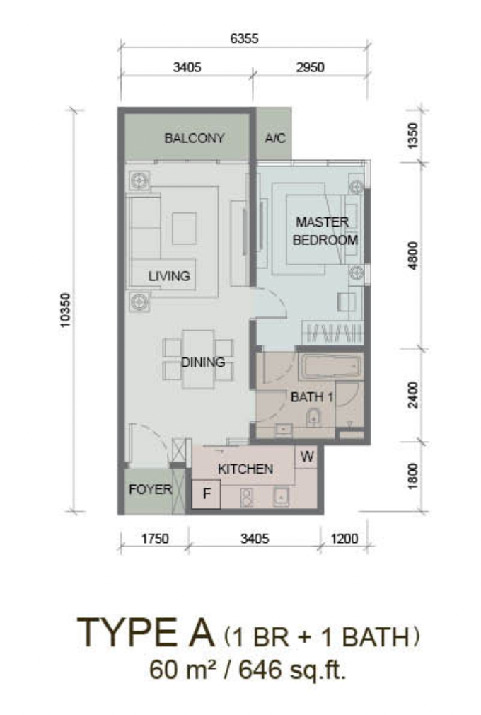 Paragon Suites @ CIQ Type A floor plan, 646 sqft 1-bedroom 1-bathroom layout in Stulang Laut, Johor Bahru City Centre, Johor