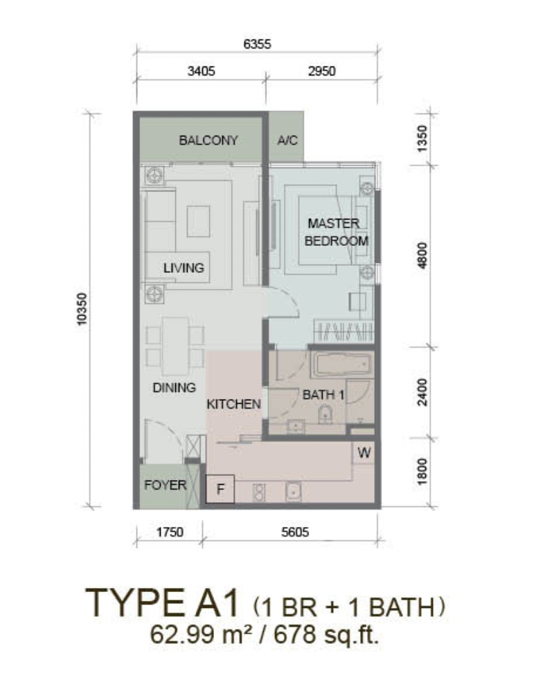 Paragon Suites @ CIQ A1户型平面图，678平方尺，1房1卫