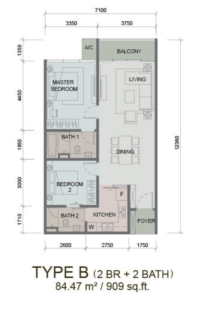 Paragon Suites @ CIQ B户型平面图，909平方尺，2房2卫
