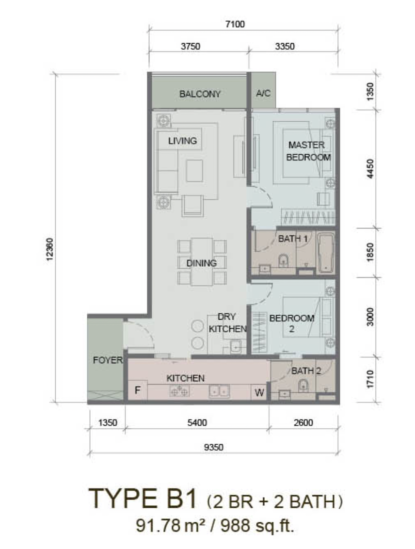 Paragon Suites @ CIQ B1户型平面图，988平方尺，2房2卫