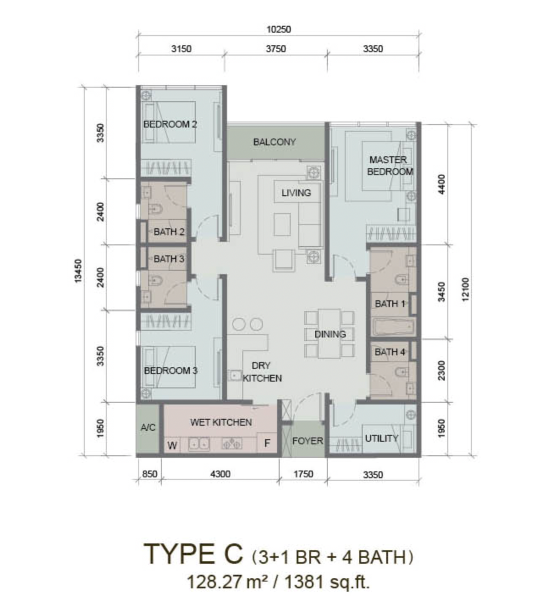 Paragon Suites @ CIQ C户型平面图，1381平方尺，3+1房4卫