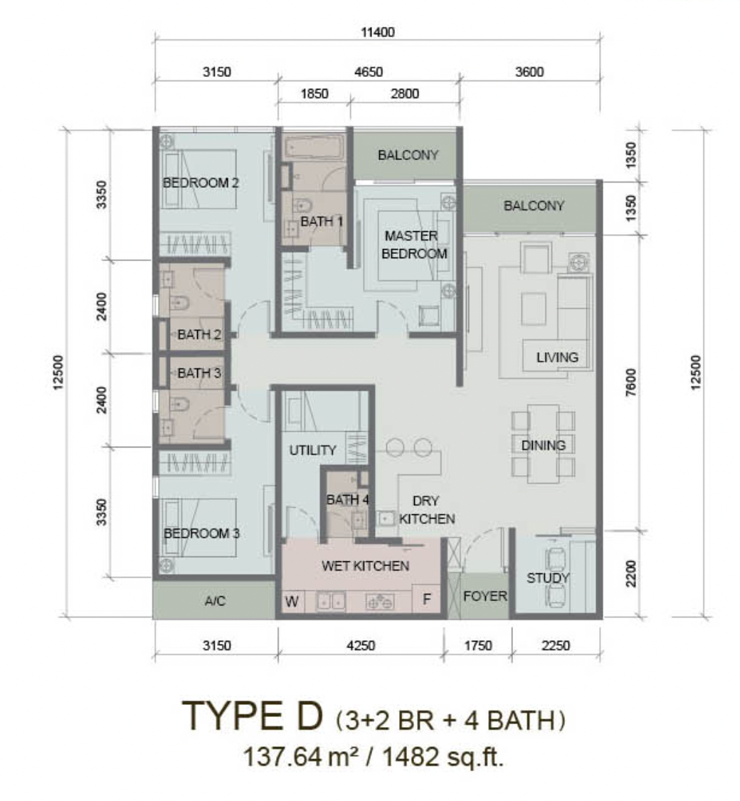 Paragon Suites @ CIQ D户型平面图，1482平方尺，3+2房4卫，附书房