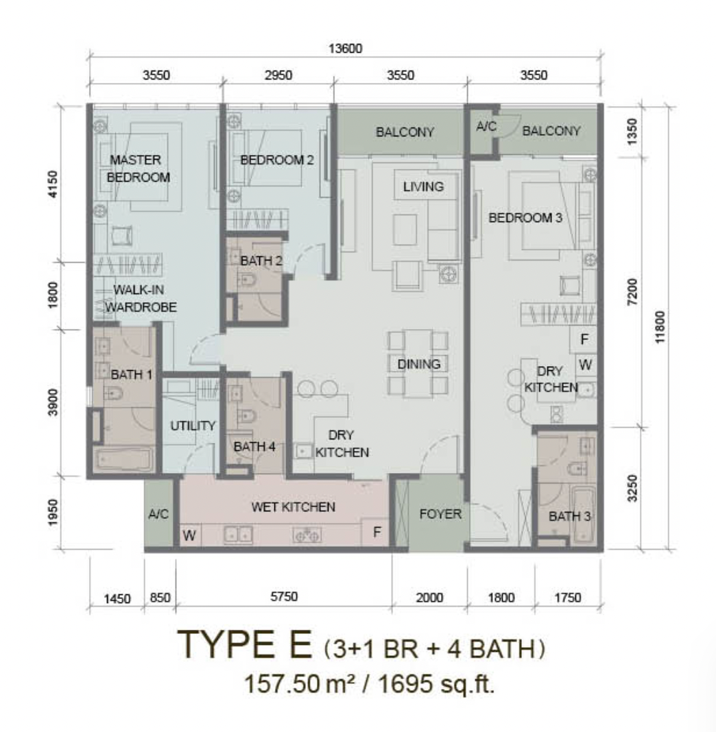 Paragon Suites @ CIQ E户型平面图，1695平方尺，3+1房4卫，附步入式衣帽间