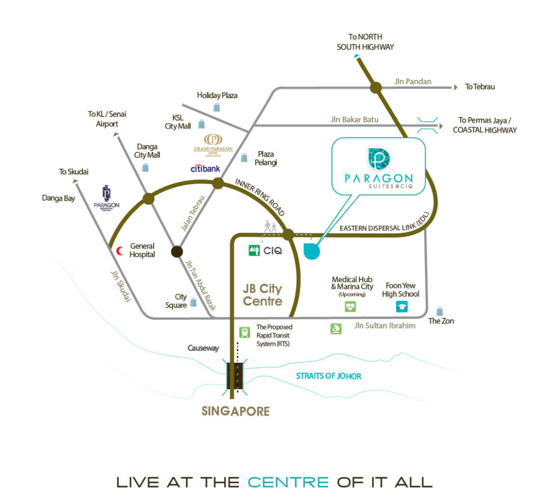 Paragon Suites @ CIQ location map showing CIQ checkpoint, Singapore causeway and JB City Centre landmarks in Stulang Laut, Johor Bahru City Centre, Johor