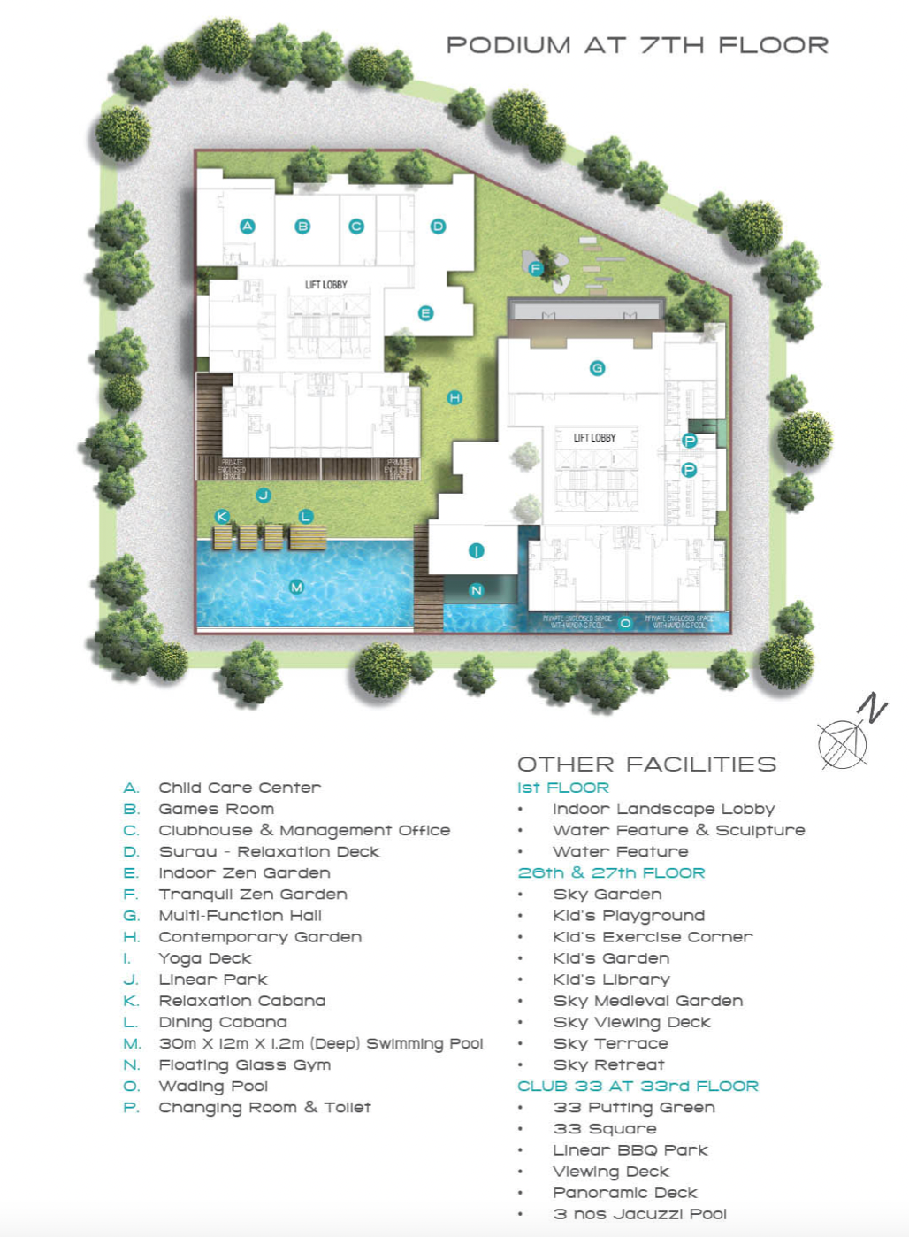 Paragon Suites @ CIQ 7th-floor podium facilities site plan showing pool, gym, zen gardens and clubhouse in Stulang Laut, Johor Bahru City Centre, Johor