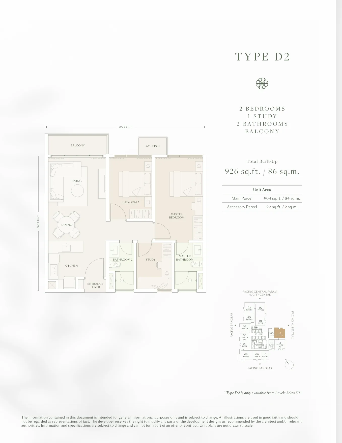 Parkside Residence Type D2 Floor Plan - 904sq.ft in Bangsar, Kuala Lumpur