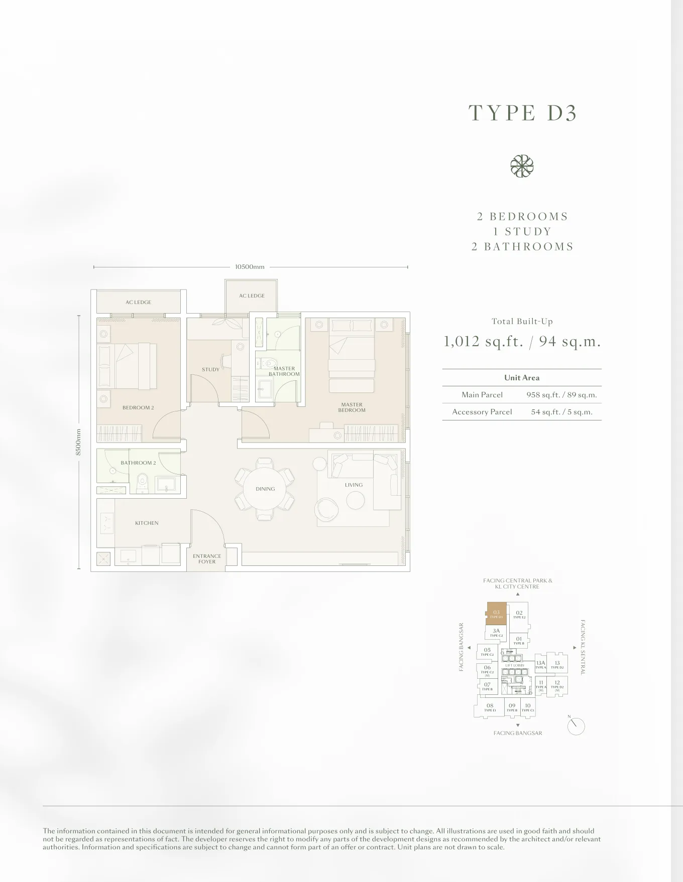 Parkside Residence Type D2 Floor Plan - 958sq.ft in Bangsar, Kuala Lumpur