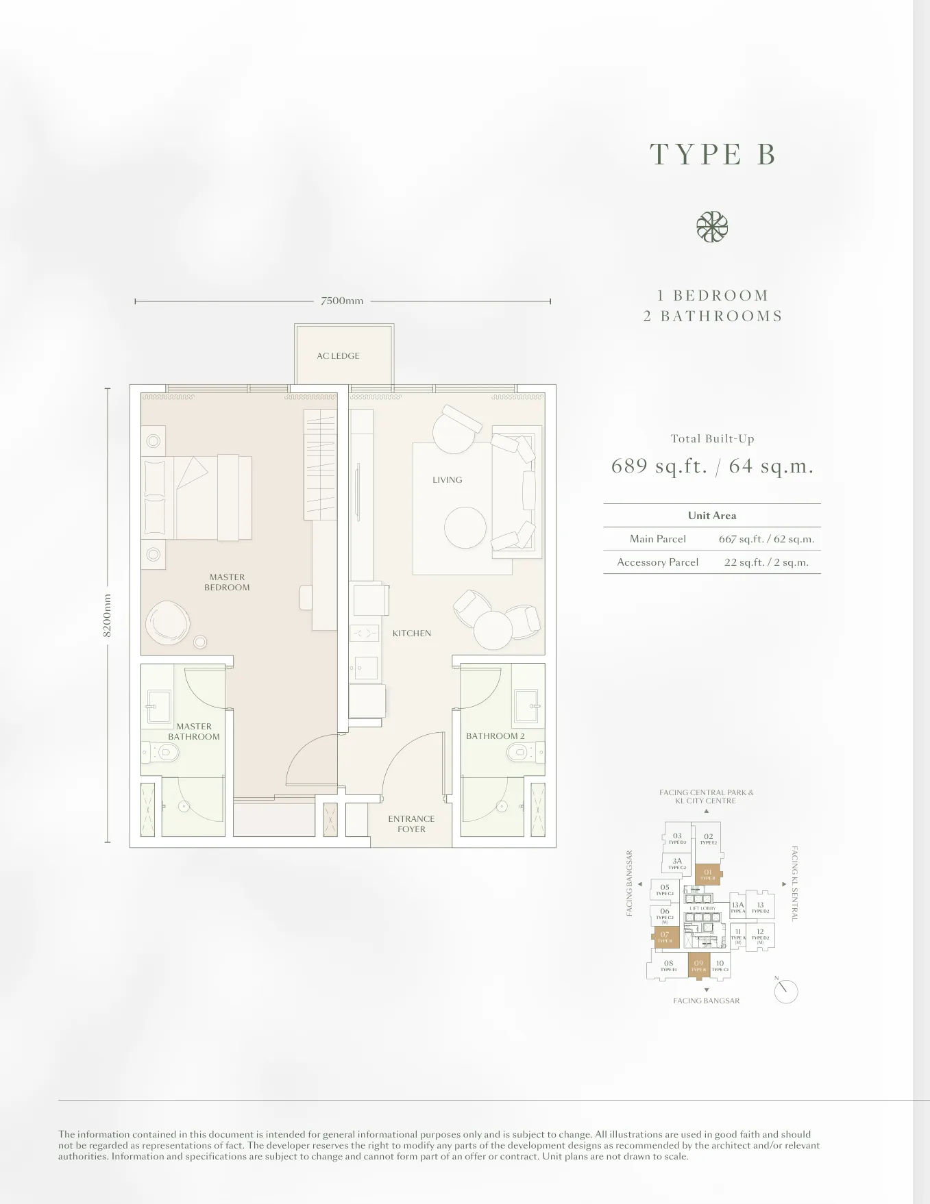 Parkside Residence Type D2 Floor Plan - 667sq.ft in Bangsar, Kuala Lumpur