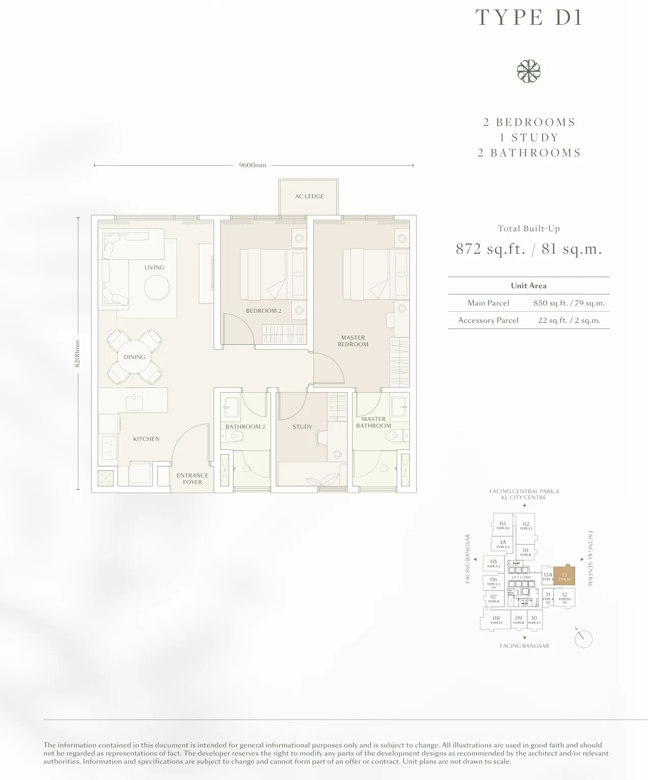 Parkside Residence Type D1 Floor Plan - 850sq.ft in Bangsar, Kuala Lumpur