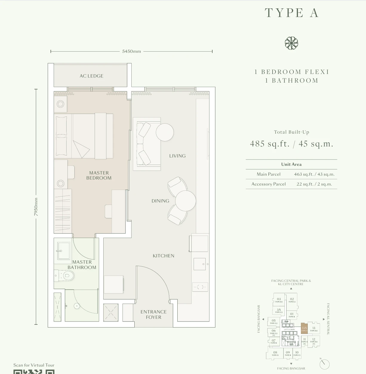 Parkside Residences @ Setia Federal Hill Type A 戶型圖，485平方尺（1房（彈性）1衛）