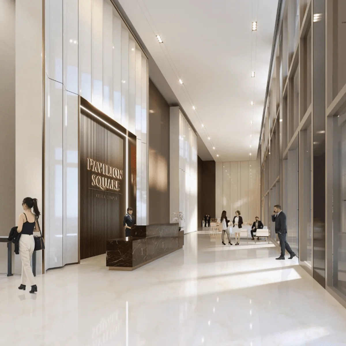 Ruang legar penerimaan dua tingkat Pavilion Square Corporate Suites dengan kaunter konsierj