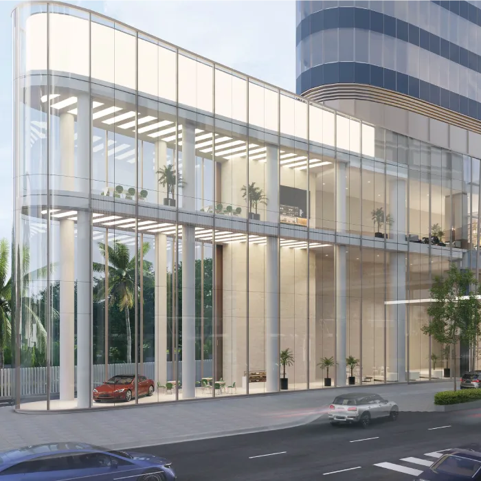 Fasad podium pejabat dwi-tinggi berkaca di Pavilion Square Corporate Suites