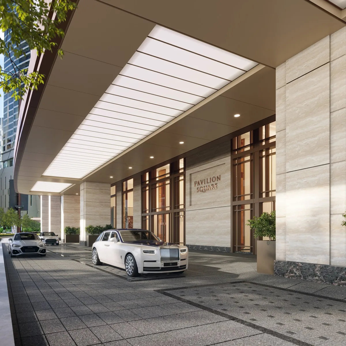 Pintu masuk porte-cochere untuk menurunkan penumpang di lobi utama Pavilion Square Corporate Suites