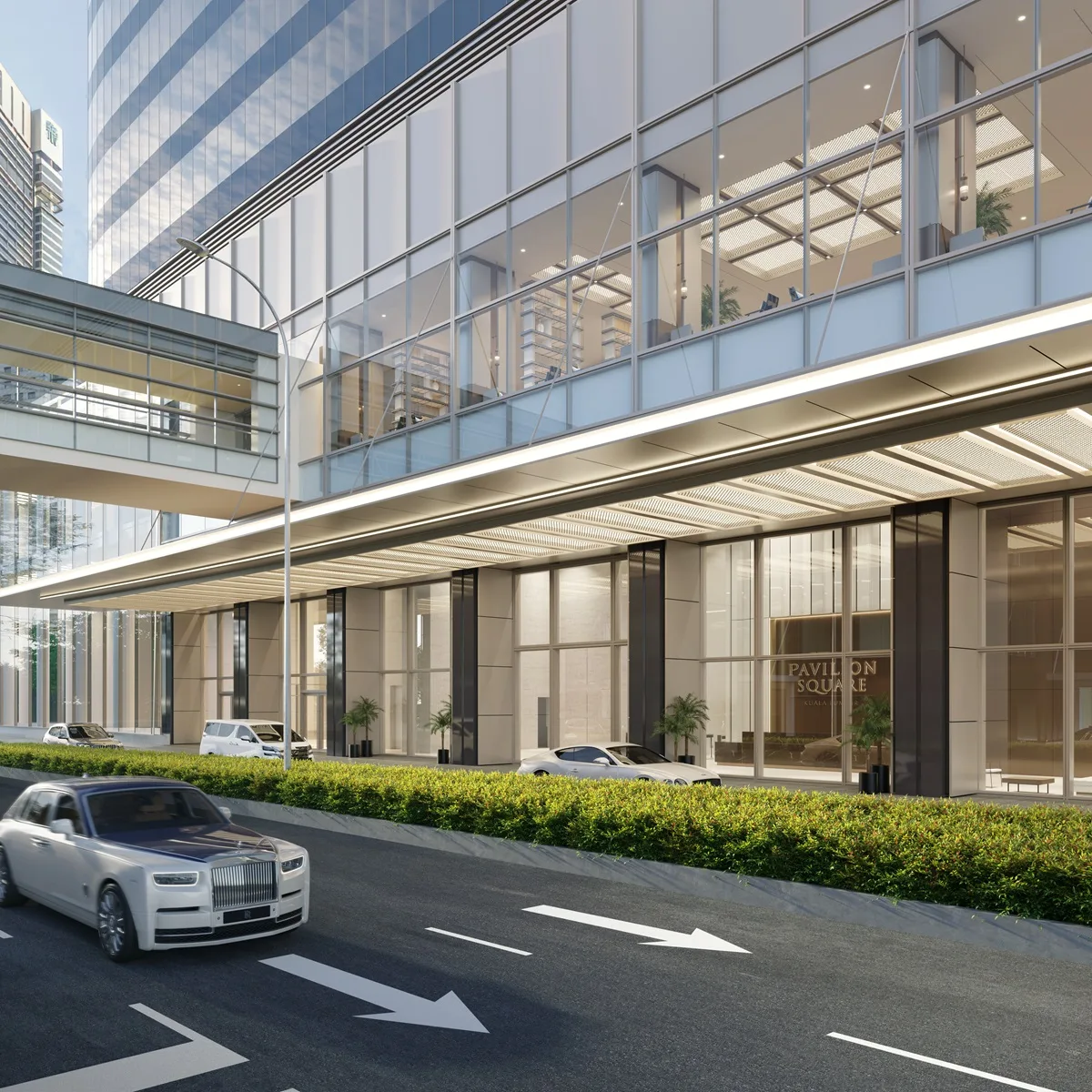 Pintu masuk aras jalan dan podium pejabat berkaca di Pavilion Square Corporate Suites, Bukit Bintang